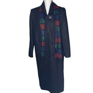 Vtg Sz 12 Womens Black Wool Blend Long Coat Trench Button Front Komitor USA